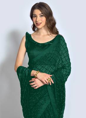 Green Georgette Sequence Party Wear Saree 3