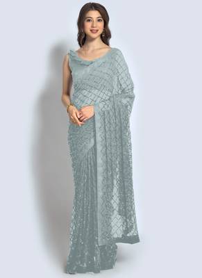 Grey Georgette Sequence Party Wear Saree 1
