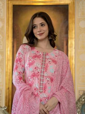 women pink poly rayon floral printed straight kurta trouser with dupatta 1