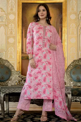 women pink poly rayon floral printed straight kurta trouser with dupatta