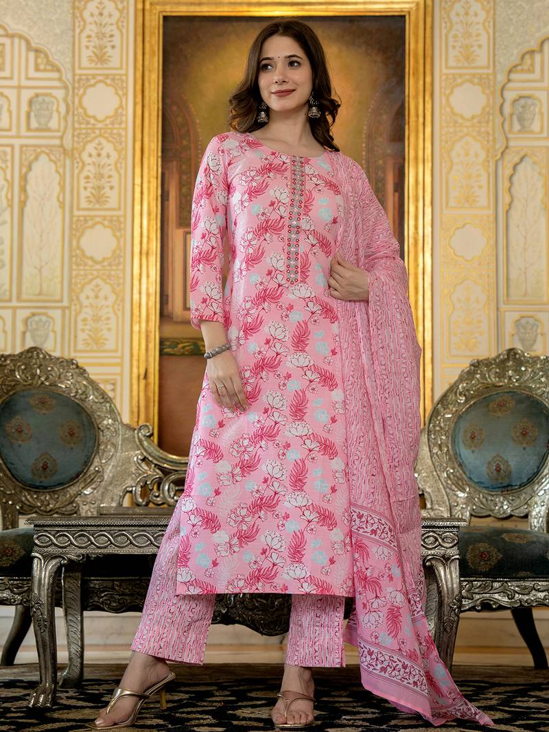 women pink poly rayon floral printed straight kurta trouser with dupatta