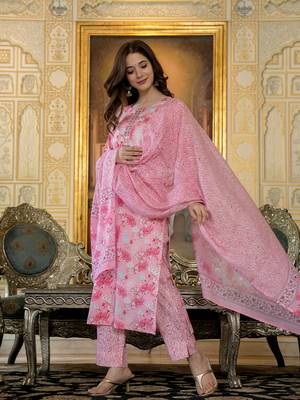 women pink poly rayon floral printed straight kurta trouser with dupatta 3