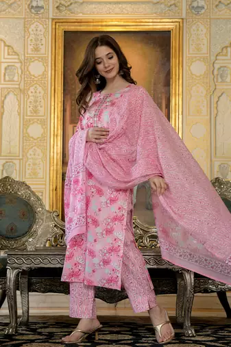 women pink poly rayon floral printed straight kurta trouser with dupatta