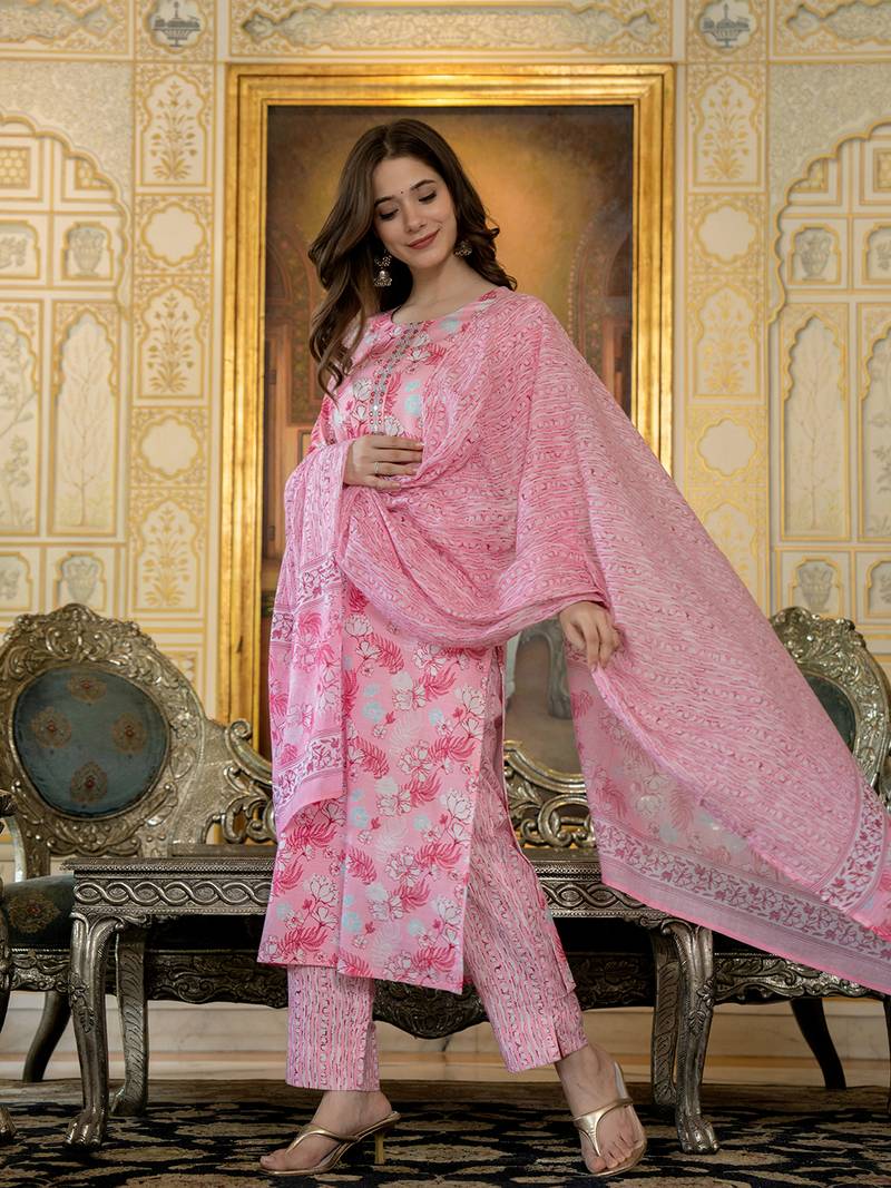 women pink poly rayon floral printed straight kurta trouser with dupatta