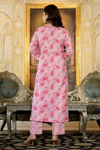 women pink poly rayon floral printed straight kurta trouser with dupatta