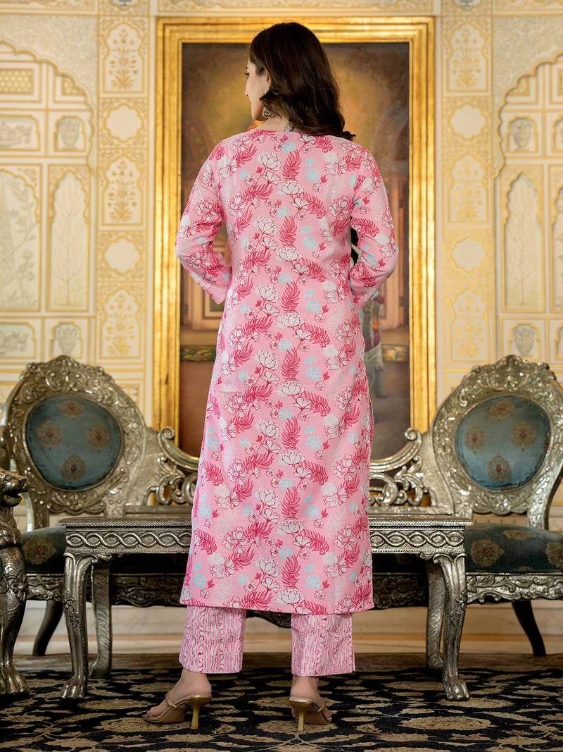 women pink poly rayon floral printed straight kurta trouser with dupatta