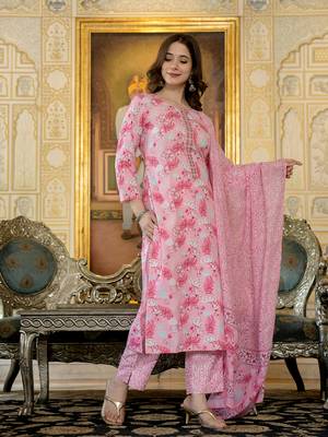 women pink poly rayon floral printed straight kurta trouser with dupatta 5