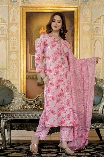 women pink poly rayon floral printed straight kurta trouser with dupatta