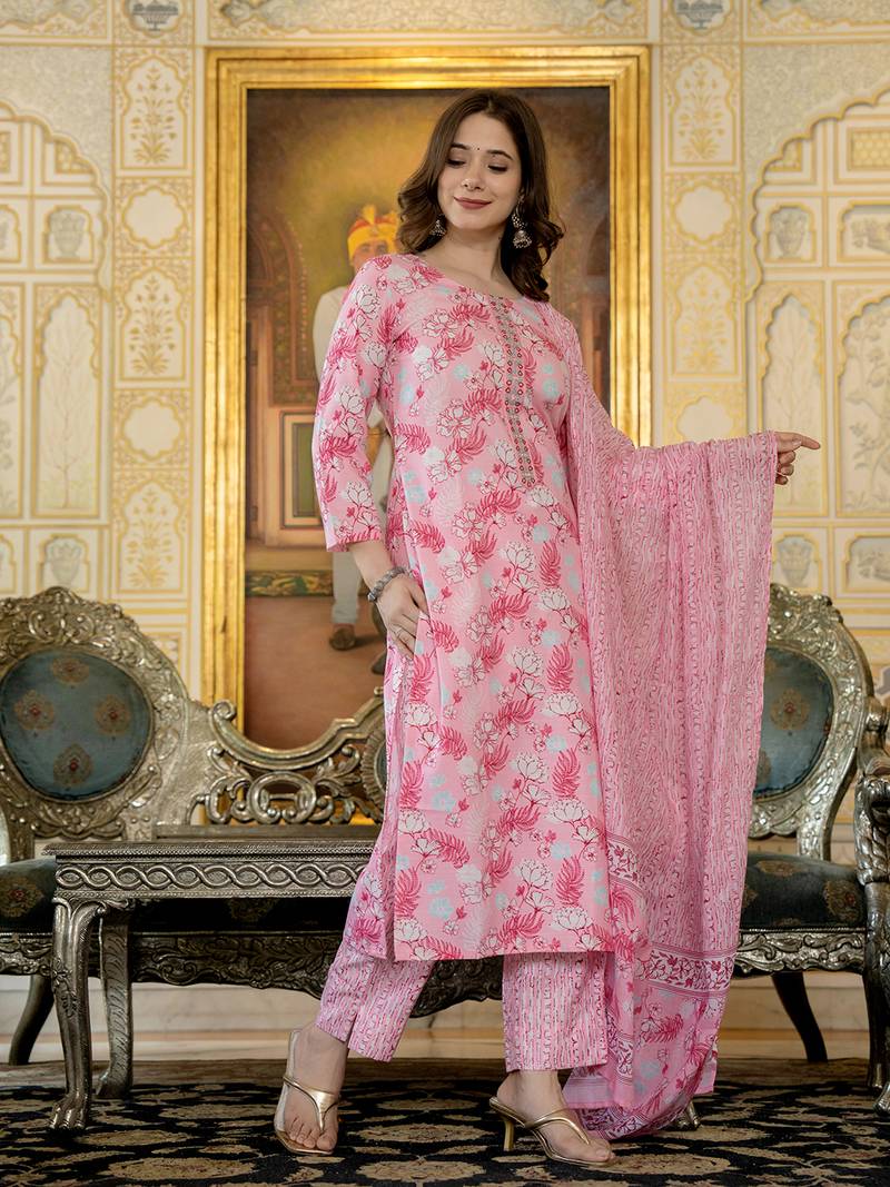 women pink poly rayon floral printed straight kurta trouser with dupatta