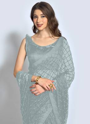 Grey Georgette Sequence Party Wear Saree 3