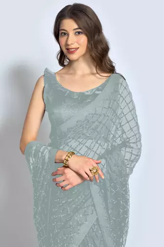 Grey Georgette Sequence Party Wear Saree