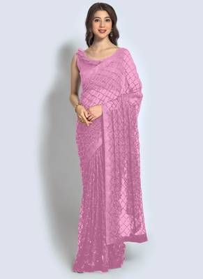 Pink Georgette Sequence Party Wear Saree 1