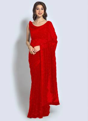 Red Georgette Sequence Party Wear Saree 1