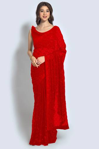 Red Georgette Sequence Party Wear Saree