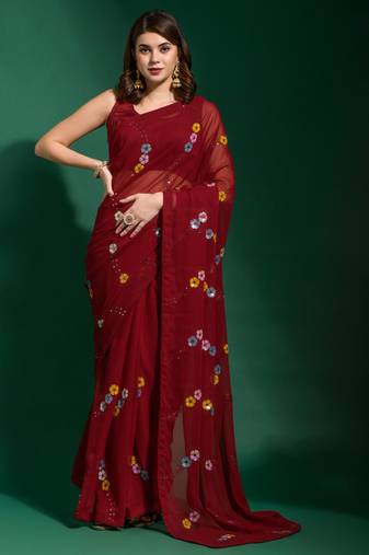 Maroon Georgette Sequence Party Wear Saree