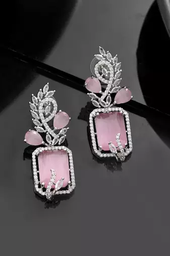 Pink american dimond & silver plated drop earrings