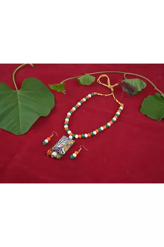 National flag necklace set with peacock pendant & bracelet handmade fashion jewellery for independence day