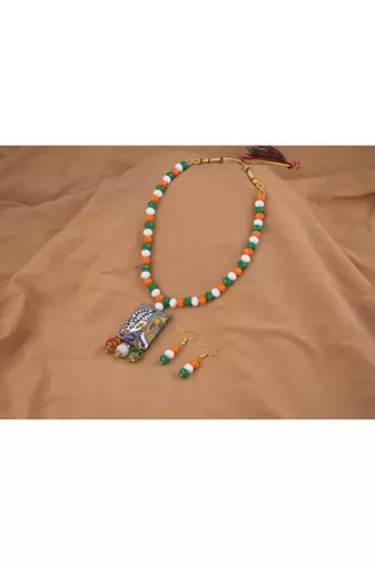 National flag necklace set with peacock pendant & bracelet handmade fashion jewellery for independence day