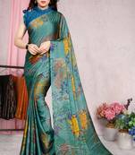 Turquoise Chiffon Floral Saree With Unstitched Blouse Piece