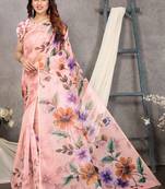 Peach Organza Floral Printed Saree With Unstitched Blouse Piece