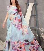 Grey Organza Floral Printed Saree With Unstitched Blouse Piece