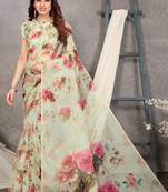 Green Organza Floral Printed Saree With Unstitched Blouse Piece