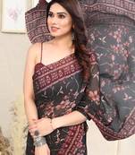 Black Chiffon Botenical Print Saree With Unstitched Blouse Piece