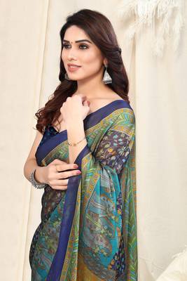 Navy Blue Chiffon Kalmkari Ethnic Motifs Saree With Unstitched Blouse Piece 1
