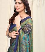 Navy Blue Chiffon Kalmkari Ethnic Motifs Saree With Unstitched Blouse Piece