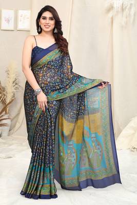 Navy Blue Chiffon Kalmkari Ethnic Motifs Saree With Unstitched Blouse Piece 2