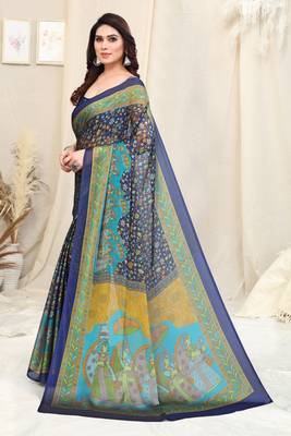 Navy Blue Chiffon Kalmkari Ethnic Motifs Saree With Unstitched Blouse Piece 3