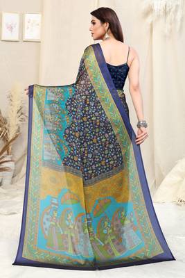 Navy Blue Chiffon Kalmkari Ethnic Motifs Saree With Unstitched Blouse Piece 4