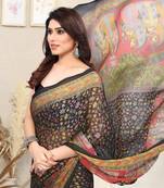 Black Chiffon Kalmkari Ethnic Motifs Saree With Unstitched Blouse Piece