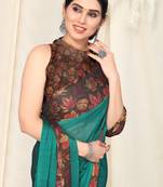 Teal Chiffon Solid Leaf Leaf Printed Border Saree With Unstitched Blouse Piece