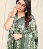 Light Pista Green Chiffon Floral Saree With Unstitched Blouse Piece