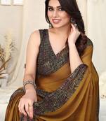 Mustard chiffon solid warli printed border saree with unstitched blouse piece