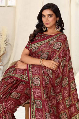 Wine Pashmina Foil Patola Bandhani Print Satin Border Saree With Unstitched Blouse Piece