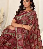 Wine Pashmina Foil Patola Bandhani Print Satin Border Saree With Unstitched Blouse Piece