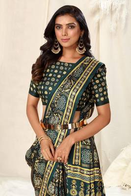 Dark Peacock Blue Pashmina Foil Patola Bandhani Satin Border Tassels Saree With Unstitched Blouse Piece 2
