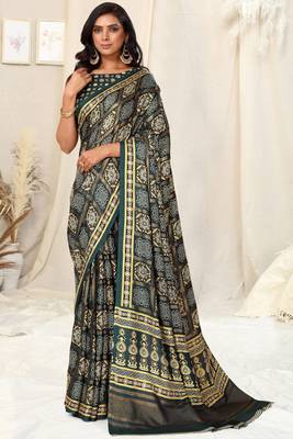 Dark Peacock Blue Pashmina Foil Patola Bandhani Satin Border Tassels Saree With Unstitched Blouse Piece 1