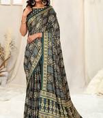 Dark Peacock Blue Pashmina Foil Patola Bandhani Satin Border Tassels Saree With Unstitched Blouse Piece