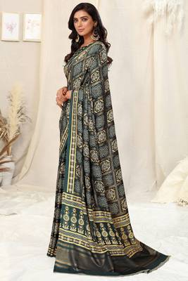 Dark Peacock Blue Pashmina Foil Patola Bandhani Satin Border Tassels Saree With Unstitched Blouse Piece 3