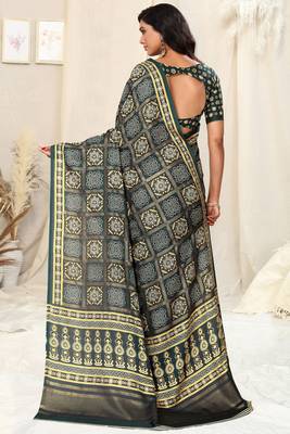 Dark Peacock Blue Pashmina Foil Patola Bandhani Satin Border Tassels Saree With Unstitched Blouse Piece 4