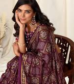 Purple pashmina foil patola bandhani satin border tassels saree with unstitched blouse piece