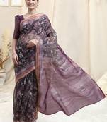 Purple Cotton Blend Leaf Print Copper Zari Border Saree With Unstitched Blouse Piece