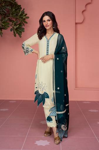 Off White Embroidered Silk Free Size Stitched Straight Pant Suit. (Size Upto 42) Free size full stitched Up To 42" Size