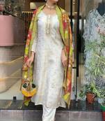 White  jacquard butti thread embroidery with jacquard woven work kurta pant set