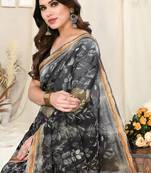 Black Cotton Blend Leaf Print Copper Zari Border Saree With Unstitched Blouse Piece
