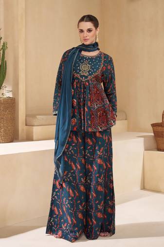 Blue Embroidered Muslin Free Size Stitched Anarkali Palazzo Suit. (Size Upto 42) Free size full stitched Up To 42" Size