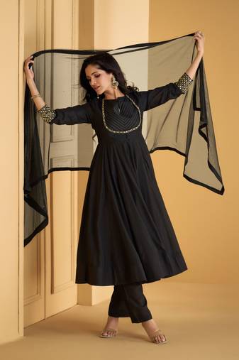 Black Embroidered Cotton Silk Free Size Stitched Anarkali Pant Suit. (Size Upto 42) Free size full stitched Up To 42" Size